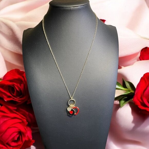 Heart Charm Necklace And Red Triple Heart Drop Earrings Set Trendy Valentine - Picture 1 of 9